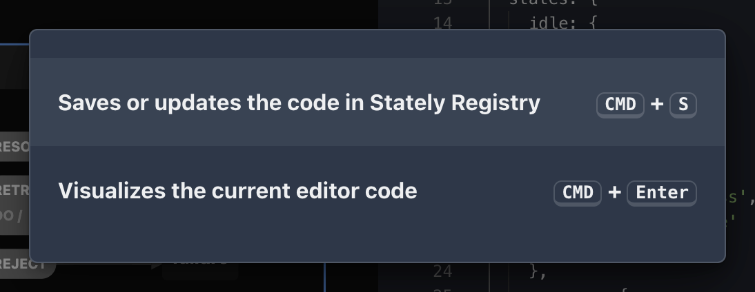 The command palette showing commands for Saves or Updates the code in the Stately Registry and Visualizes the current editor code.