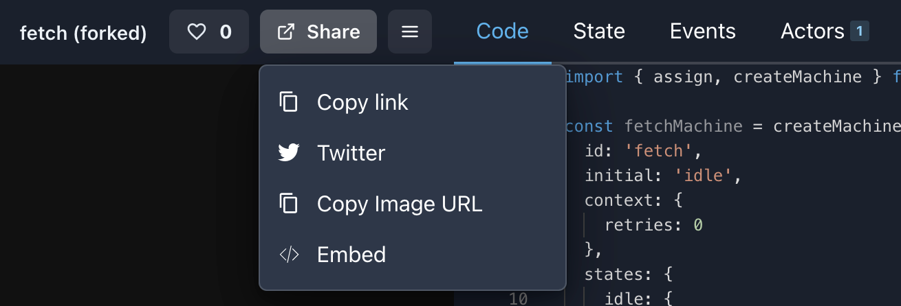 Share dropdown menu with options to Copy link, Twitter, Copy image URL and Embed.